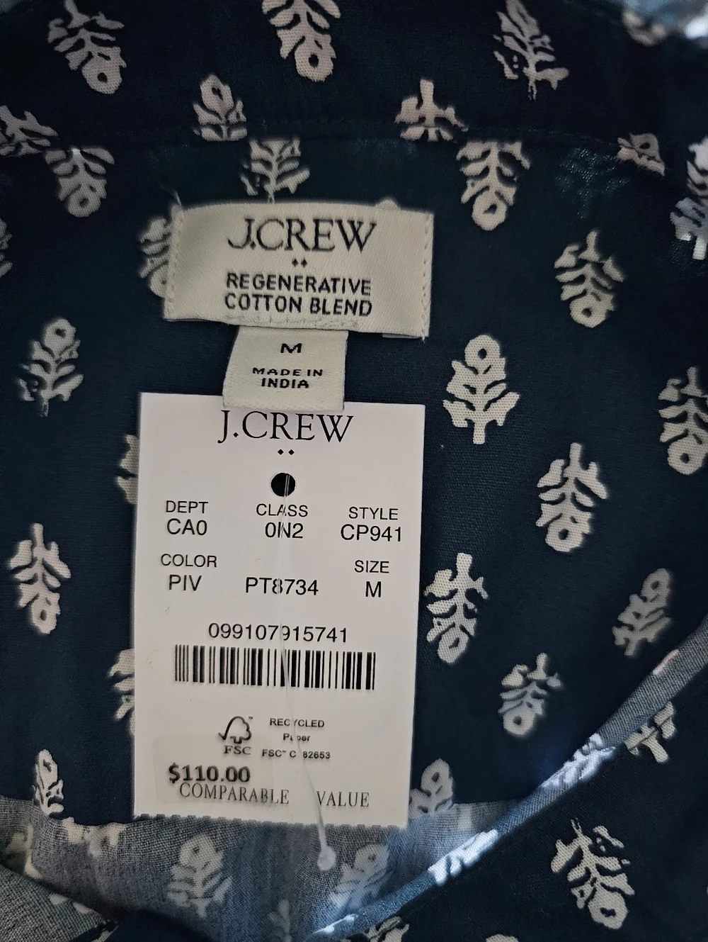 J. Crew Teal Blue Button-Up Shirt with White Motif